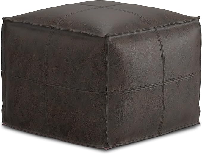 SIMPLIHOME Sheffield Square Pouf - 18 inch Wide Genuine Leather Ottoman in Distressed Dark Brown, Boho-Style Footrest, Extra Seating, or Accent Piece for Living Room or Bedroom, Assembled