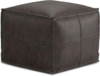 SIMPLIHOME Sheffield Square Pouf - 18 inch Wide Genuine Leather Ottoman in Distressed Dark Brown, Boho-Style Footrest, Extra Seating, or Accent Piece for Living Room or Bedroom, Assembled
