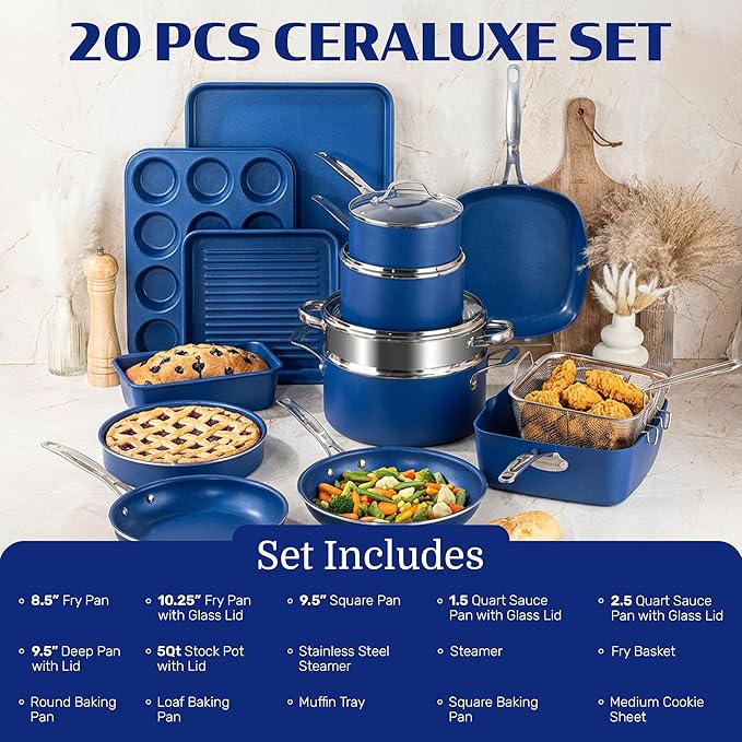 Granitestone Ceraluxe 20 Pc Ceramic Cookware Set Nonstick, Complete Pots and Pans Set Non Stick with 5 Pc Bakeware Set, Deep Frying Pan Set, & Steamer, Non Toxic PFOA Free, Oven & Dishwasher Safe