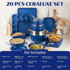 Granitestone Ceraluxe 20 Pc Ceramic Cookware Set Nonstick, Complete Pots and Pans Set Non Stick with 5 Pc Bakeware Set, Deep Frying Pan Set, & Steamer, Non Toxic PFOA Free, Oven & Dishwasher Safe
