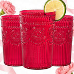 Ciaell 12 Pack Romantic Plastic Water Glasses - 14 Oz Red Vintage Drinking Glasses, Embossed Ribbed Plastic Cups, Textured Striped Set for Juice, Beverages, Beer, Cocktail & Mother's Day