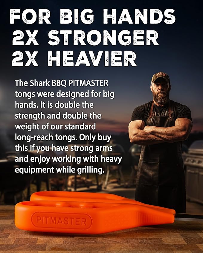Shark BBQ Pitmaster Grill Tongs, 2X Stronger, Heavy-Duty for Big Hands & Large Cuts. Long-Reach Barbecue Grilling Tongs. Premium Stainless Steel Tong (Hunter Orange)