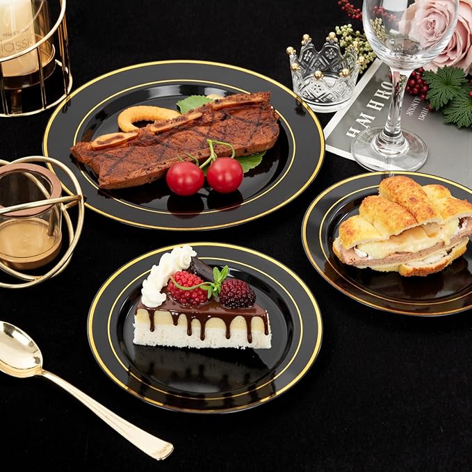 NOCCUR 200PCS Black and Gold Plastic Plates for 100 Guests - Include 100PCS 10" Dinner/ 100PCS 7" Dessert Disposable Plates Heavy Duty - Ideal for Party/Birthday/New Year