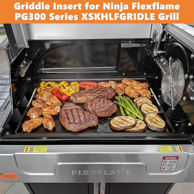 Safbbcue Griddle Insert for Ninja FlexFlame PG300 Series, Carbon Steel Nonstick Full-Size Griddle Insert with Grease Drain and Handle for Ninja Flex Flame Replacement Parts for XSKFULGRIDLE