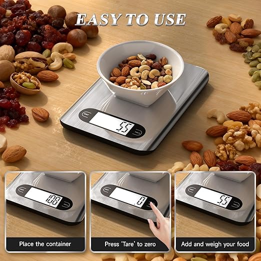 Digital Kitchen Scale, 17 Pounds Capacity Food Scale with LCD Display, Weight Grams and Ounces for Cooking and Baking, Stainless Steel Platform, Anti-Splash