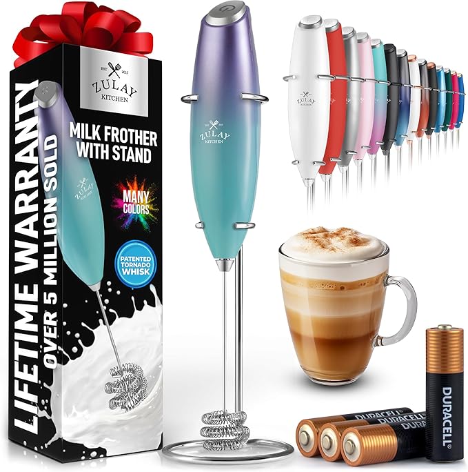 Zulay Kitchen Patented Tornado Triple Whisk Milk Frother with 4 Duracell Batteries – Handheld Foam Maker for Coffee, Lattes, Matcha & Hot Chocolate – Rich, Creamy Froth in Seconds - Borealis