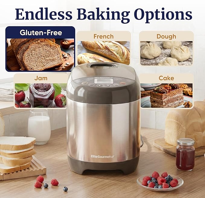 Elite Gourmet EBM8103SS Programmable Bread Maker Machine, 3 Loaf Sizes, 19 Menu Functions Gluten Free White Wheat Rye French and more, 2 Lb, Stainless Steel