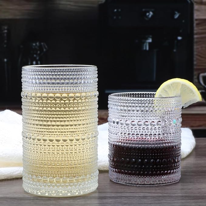 Hobnail Drinking Glasses Set of 12,12 oz Highball Glasses & 10 oz Cocktail Glasses,Clear Embossed Glass Cups,Kitchen Water Glass Cup,Bar Tumbler Glassware Set for Whiskey, Beer, Cocktail, Juice, Milk
