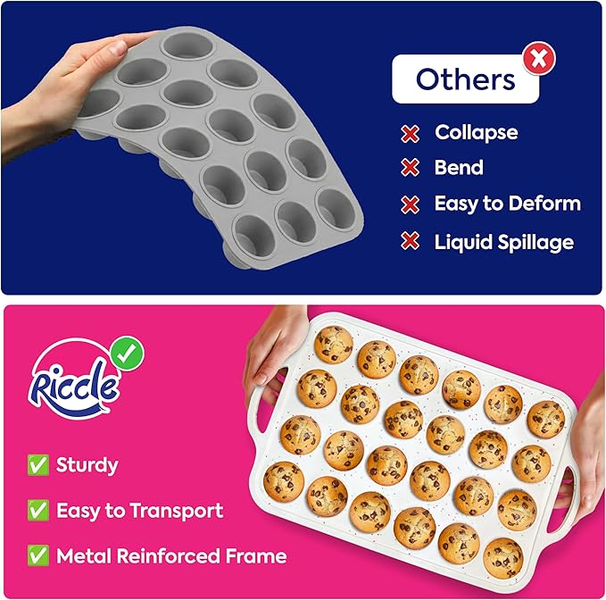 RICCLE 2 Pack Silicone Muffin Pans for Baking with Metal Reinforced Frame - Regular 12 Cup Silicone Muffin Pan & 24 Cup Mini Cupcake Pans - Silicone Cupcake Pan Set - Oven & Dishwasher Safe, BPA-Free