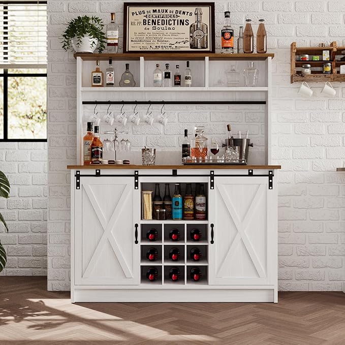 4ever2buy Farmhouse Coffee Bar Cabinet with Storage, 47”Coffee Bar with Sliding Barn Doors and 3 Storage Hutch, Hutch Cabin et with 6 Hooks & 9 Wine Racks for Dining Room, Kitchen, White