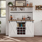 4ever2buy Farmhouse Coffee Bar Cabinet with Storage, 47”Coffee Bar with Sliding Barn Doors and 3 Storage Hutch, Hutch Cabin et with 6 Hooks & 9 Wine Racks for Dining Room, Kitchen, White