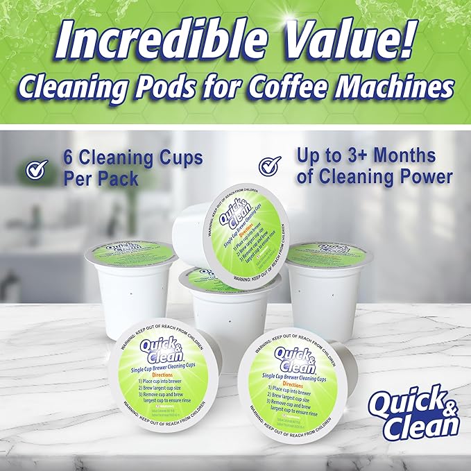 Quick & Clean [6-Pack] Keurig Cleaning Pods - K Cup Cleaner Pod For Keurig - 2.0 Coffee Machine Compatible, Removes Stains, Non-Toxic and Eco-Friendly