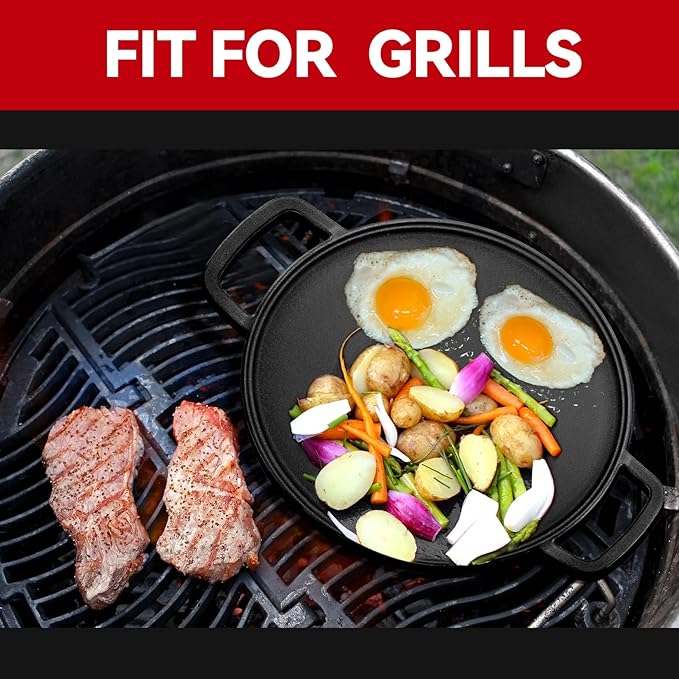 GGC Cast Iron Pizza Pan for Baking, 14" Round Griddle Pans Make Different Dishes for Stove, Oven, Grill and Campfire, Heavy-duty and Evenly Heat Pizza Stone for Pizza Tortillas, Eggs, Bacon and Meat
