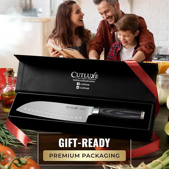 Santoku Knife – Ultra Sharp 7 Inch Meat and Vegetable Japanese Knife for Chopping, High Carbon Stainless Steel Blade, Full Tang Pakkawood Handle – Shinobi Series