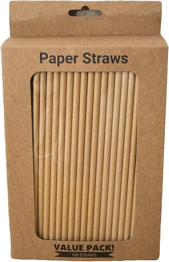 Pack of 150 Natural Kraft Biodegradable 4-Ply Paper Drinking Straws (Compostable, Non-toxic, BPA-free)