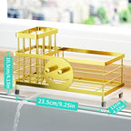 HapiRm Sink Caddy Sponge Holder - Self-draining Kitchen Sink Organizer with Smiley Face and Brush Holder, Stainless Steel Kitchen Organizer for Countertop - Gold