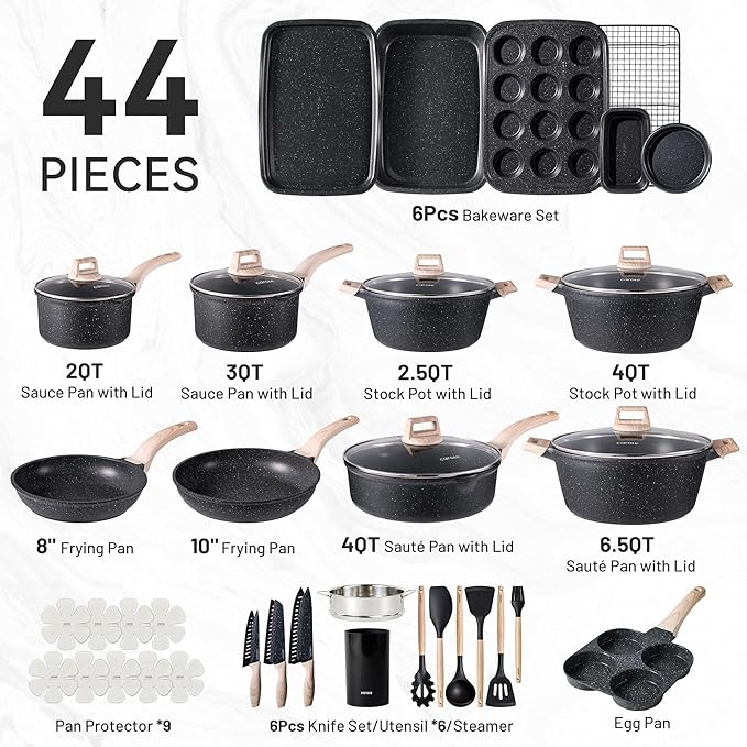 CAROTE 44pcs Pots and Pan Set Nonstick, Cookware Sets, Cooking Set Non Stick, Induction Cook Ware with Bakeware Set, Kitchen Knife Set