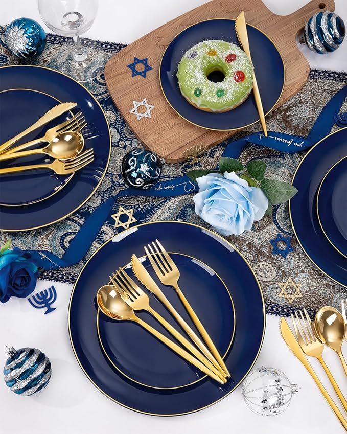 PULOTE 200 Pieces Blue Plastic Plates - Navy Blue and Gold Disposable - Include 100PCS 10 inch Dinner & 100PCS 7 inch Dessert Plate for Party & Hanukkah