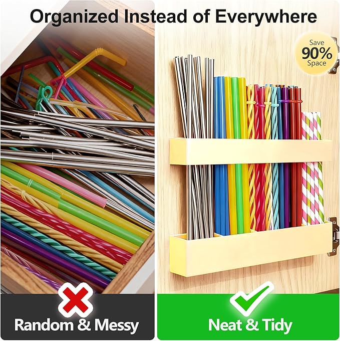 9.5” Large Acrylic Straw Holder for Cabinet Door, Reusable Adjustable Two-Part Straws Organizer with Ultra Sticky Adhesive Strips, 2026 Straw Storage for Kitchen Cupboard (Milky Yellow)