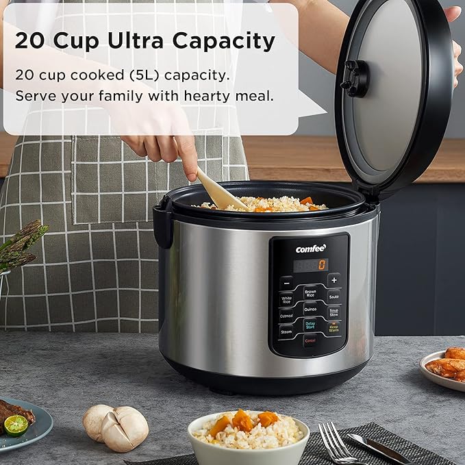COMFEE' Rice Cooker 10 cup Uncooked/20 cup Cooked, Rice Maker, Steamer, Saute, Steamer and Warmer, 5.2 QT Large Capacity, Brown Rice, Quinoa and Oatmeal, 8 One-Touch Programs
