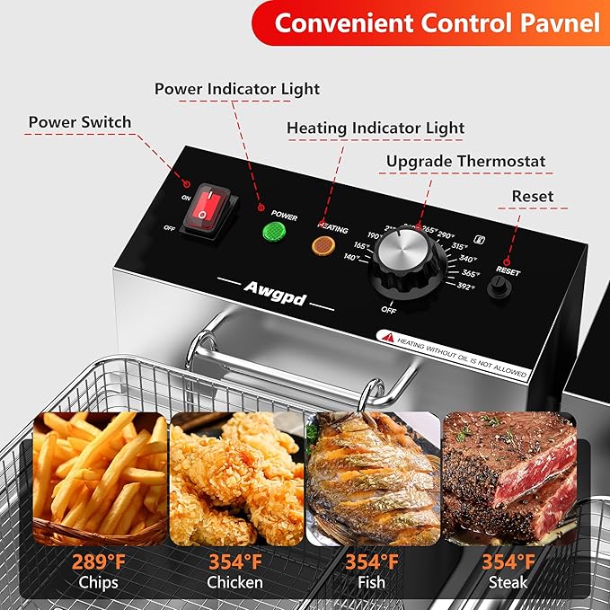 Commercial Deep Fryer,3400W Electric Deep Fryers with Baskets Thickened Stainless Steel Countertop Oil Fryer,10L X 2(21.3QT) Electric Countertop Fryer for Restaurant and Home Use