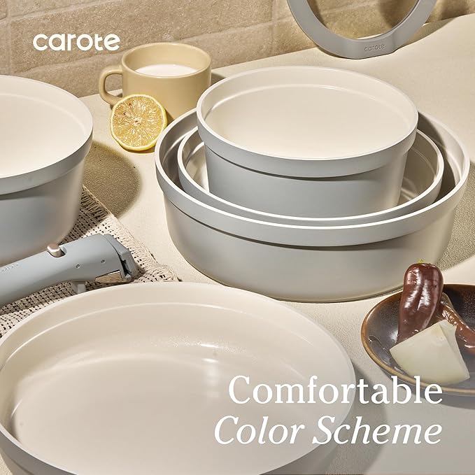 Carote 20pcs Ceramic Cookware Set with Detachable Handles, Pots and Pans Set Non Stick, RV Kitchen Cooking Pot and Pan, Dishwasher Safe, Non-toxic Induction Cookware PFAS and PFOA Free, Grey