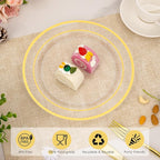 Goodluck 100PCS Clear Gold Plastic Plates, 10.25 Inch Dinner Plate with Silver Rim, Heavy Duty Disposable Plastic Plates for Party, Wedding, Birthday & Daily Use