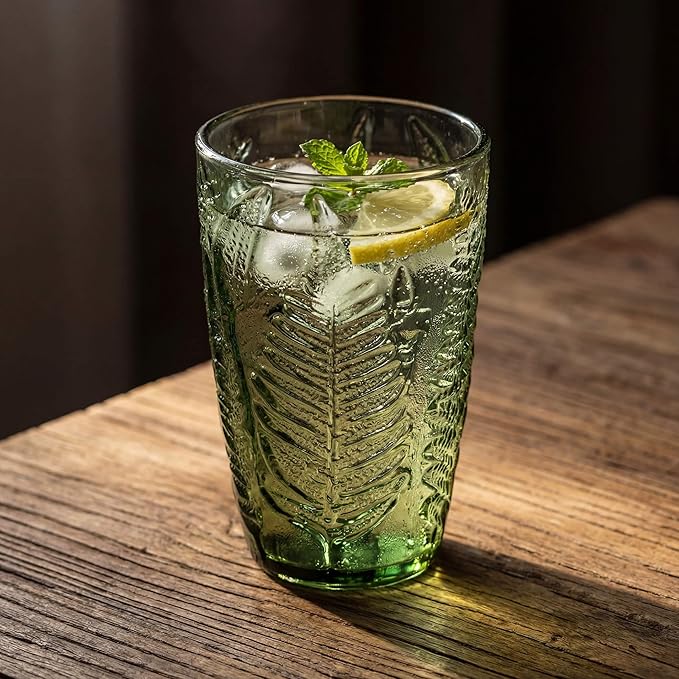 Green Drinking Glasses Set of 4, 12 oz Hand-Pressed Vintage Drinking Glasses, Deep Textured Antique Glassware, Fern Embossed Highball Tumblers, Colored Boho Glass Cups, Retro Style Drinkware Gift Set