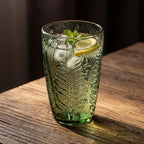 Vintage Green Drinking Glass, 12 oz Hand-Pressed Deep Textured Glass Cup, Fern Embossed Retro Glassware, Decorative Tumbler for Water, Cocktails & Juice, Boho Colored Kitchen Drinkware, Unique Gift