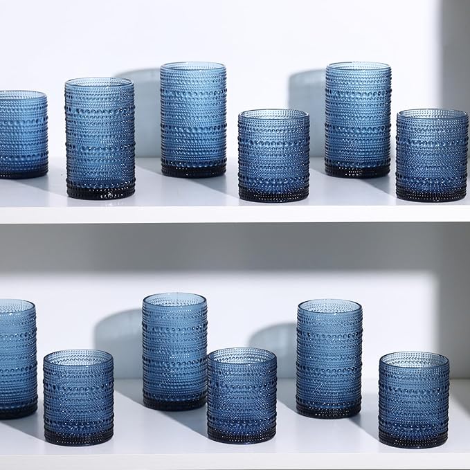 Moretoes Hobnail Drinking Glasses Set of 16, 12 Oz Highball Glasses & 10 Oz Cocktail Glasses, Clear Embossed Boho Glass Cups Kitchen Bar Tumbler Glassware Set for Whiskey, Beer, Juice, Milk (Blue)