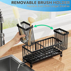 Cisily Sponge Holder for Kitchen Sink, Sink Caddy Organizer with High Brush Holder, Kitchen Countertop Organizers and Storage Essentials, Rustproof 304 Stainless Steel (Black, 9.25″)