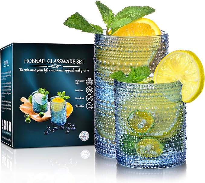 ISMASOAN Hobnail Drinking Glasses Set of 8, Blue Vintage Glassware 14 oz and 12 oz, Glass Cups, Cups for Kitchen, Bar Glasses for Beer, Juice, Cocktail, Whiskey, Milk