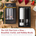 Electric Salt and Pepper Grinder Set - Battery Operated Stainless Steel Mills (1 Black Pepper Grinder + 1 White Salt Grinder) Automatic One Handed Operation Electronic Adjustable Ceramic Grinders