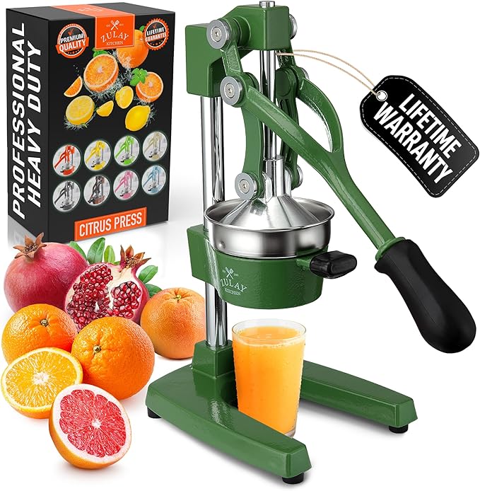 Zulay Kitchen Cast Iron Juicer - Easy-to-Clean Heavy-Duty Manual Juicer, Professional Citrus Juicer - Stainless Steel Lemon Squeezer - Manual Citrus Press & Orange Squeezer - Orange Juicer – Green