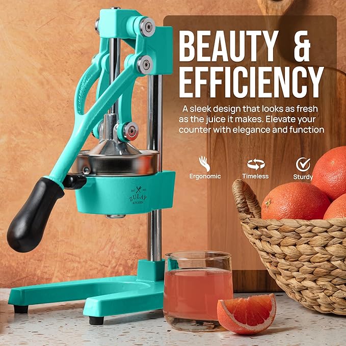 Zulay Kitchen Cast Iron Juicer - Easy-to-Clean Heavy-Duty Manual Juicer, Professional Citrus Juicer - Stainless Steel Lemon Squeezer - Manual Citrus Press & Orange Squeezer - Orange Juicer – Teal