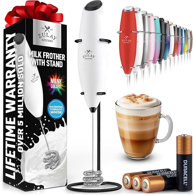 Zulay Kitchen Patented Tornado Triple Whisk Milk Frother with 4 Duracell Batteries – Handheld Foam Maker for Coffee, Lattes, Matcha & Hot Chocolate – Rich, Creamy Froth in Seconds - White & Black