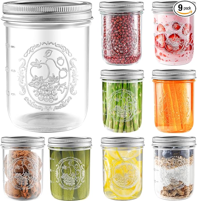 Miuyhji Mason Jars 16 oz with Lids, 9 Pcs Wide Mouth Glass Canning Jars with Airtight Lids and Bands, Overnight Oats Containers for Pickling, Freezing, Preserving, Meal Prep, Jar Décor