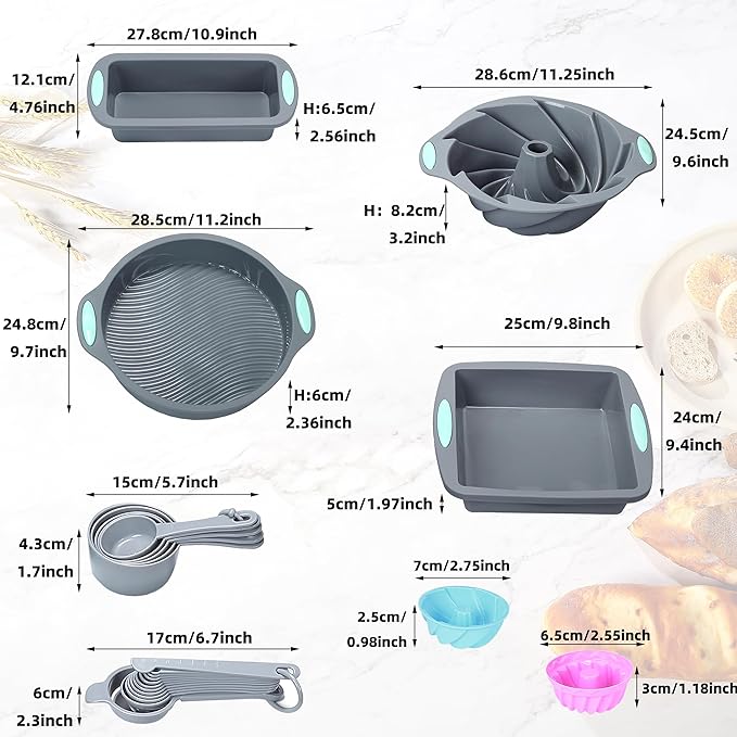 To encounter 45 Pieces Silicone Bakeware Set, Heat Resistant Baking Pans, Nonstick Baking Molds for Cake, Bread and Cupcake, with Measuring Cups and Spoons Set, Light Grey