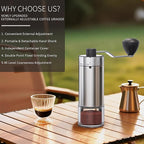 Portable Coffee Grinder Conical Burr for Espresso French Press Pour Over Double Bearing Internal Adjustment Capacity 25g (Silver-Ceramic Burr)