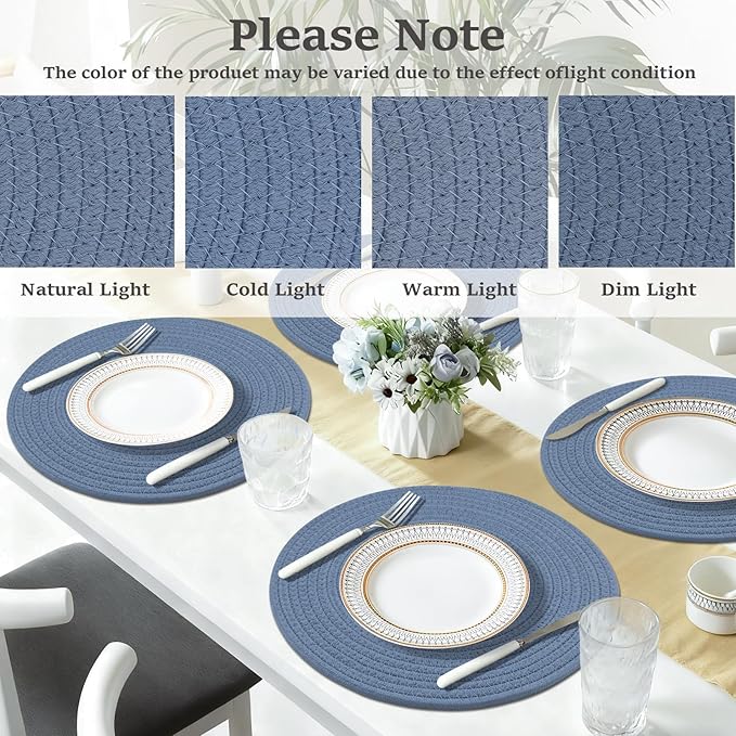 Round Placemats Set of 6, Cotton Rope Woven Table Mats, Hot Pads for Kitchen, Non Slip Heat Resistant Place Mats, 13 Inches Braided Placemat for Farmhouse Decor and Kitchen Table Decor (Blue)