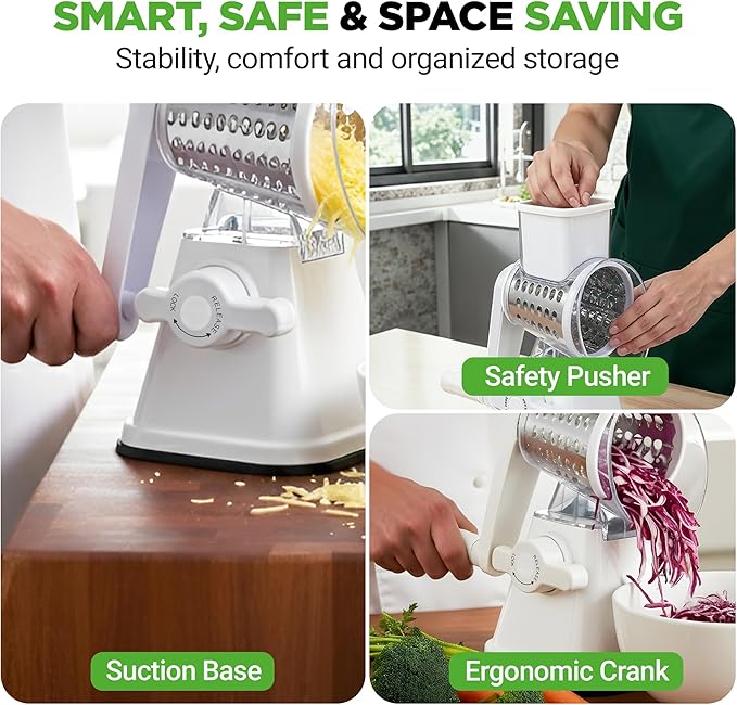 NutriChef 3 in 1 Cheese Grater & Shredder | Strong Suction Base, Rotary Handle with Safety Lock | Includes Hand Crank & 3 Drum Blades for 3 Textures, Fine, Medium & Strips | White