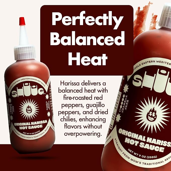 SHUUG Harissa Sauce (9oz) | Hot & Spicy Red Pepper Flavor | Middle Eastern Harissa Paste Sauce with Dried Chilis, Lemon & Garlic | Vegan, Non-GMO, Kosher | Flavor Cooking, Dipping & Marinades | 9oz
