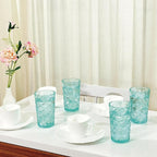CREATIVELAND Drinking Highball Glasses Set of 4, Vintage Cross Hatch Glass Cups, 15.5oz Tall Drinking Water Glasses, Dishwasher Safe Blue Glass Tumbler Glassware for Water, Juice, Cocktail, Coffee