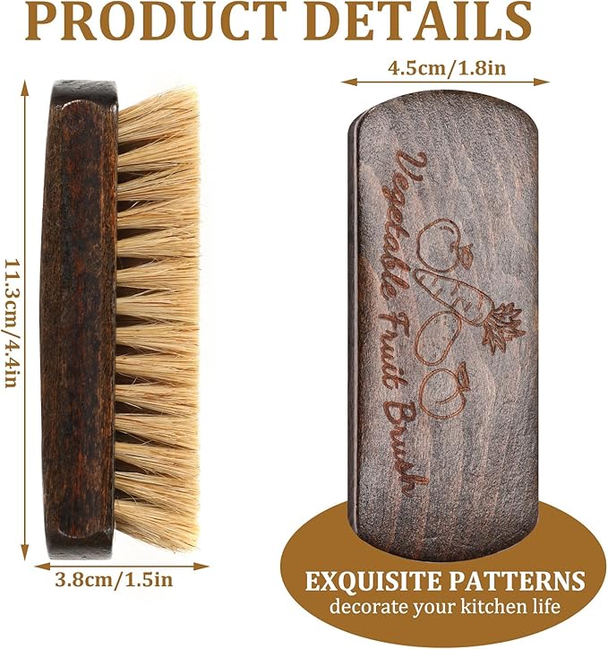 Vegetable and Fruit Brush With Wood Handle - Scrubber for Potato, Mushroom, Carrot, Corn and Food