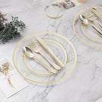 BESTVIP 50PCS Clear Gold Plastic Plates, 10.25 Inch Disposable Dinner Plate Party with Gold Rim, Heavy Duty Disposable Plastic Plates for Christmas, Thanksgiving, Party, Wedding and Birthday