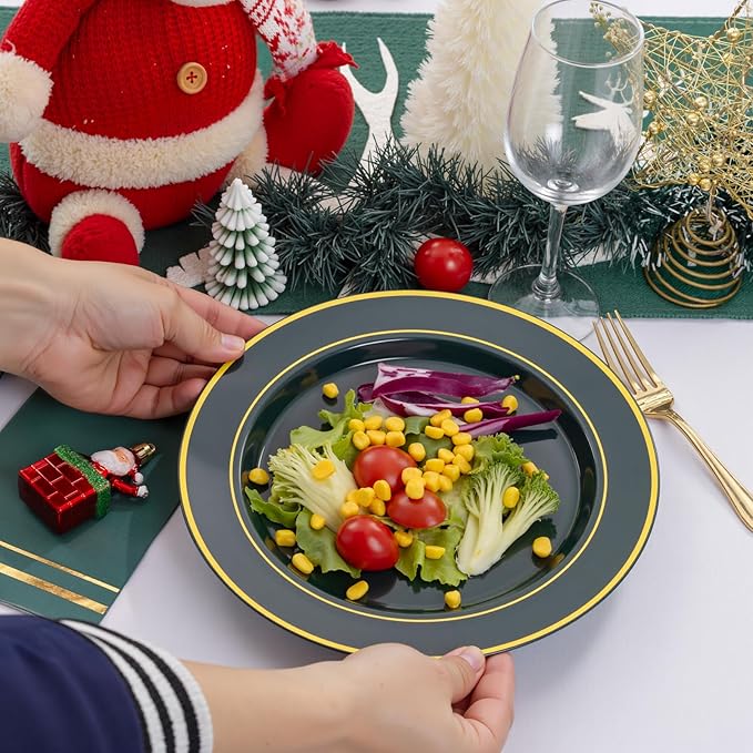 NOCCUR 200PCS Green Plastic Plates for 100 Guests - Include 100PCS 10" Dinner/ 100PCS 7" Dessert Disposable Plates Heavy Duty - Ideal for Party/Wedding/Christmas