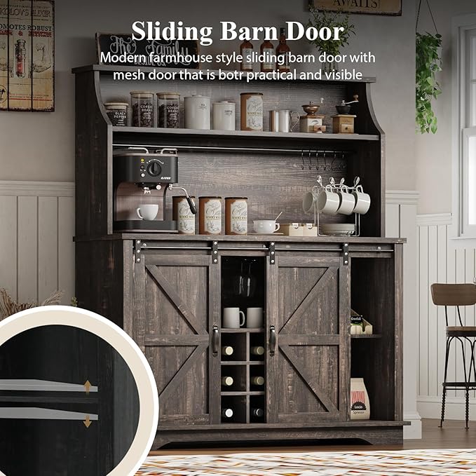 47 Inch Farmhouse Coffee Bar Cabinet with 3-Tier Storage, Coffee Bar Hutch with 9 Wine Racks, 3 Glass Holders, 6 Hooks, Kitchen Storage Cabinets for Dining Living Room, Oak