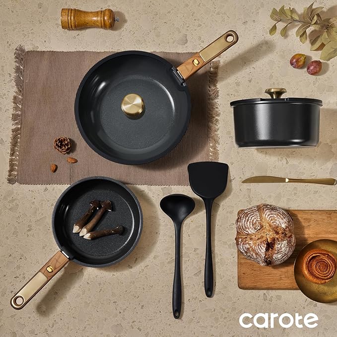 CAROTE 15Pcs Ceramic Cookware Set, Pots and Pans Set Non stick, Kitchen Cooking Set with Detachable Handle, Non Toxic Induction Cookware, Dishwasher/Oven Safe, PFAS Free, Black&Gold