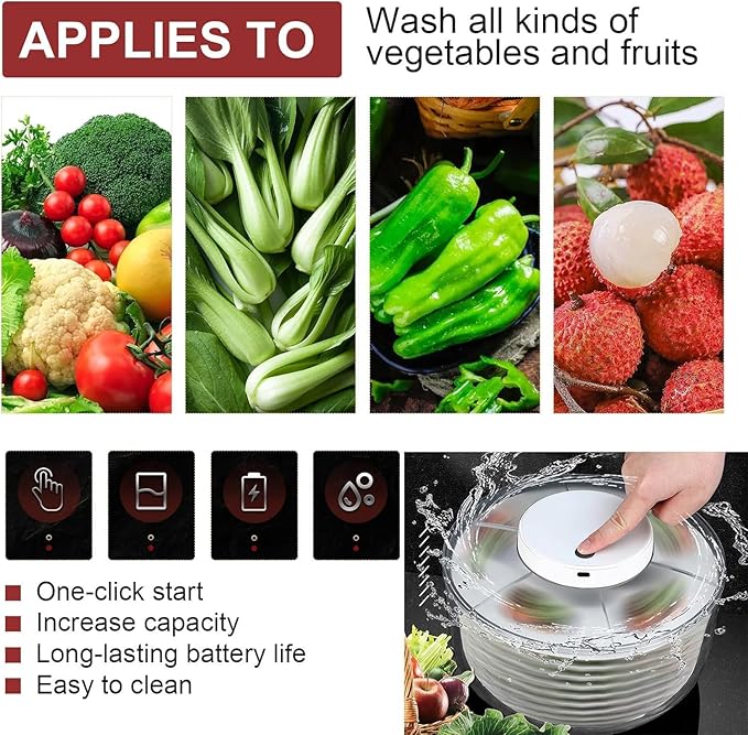 Electric Salad Spinner, 6L Lettuce spinner,Large Capacity Salad Vegetable Dryer,Fruit Salad Washer spinner dryer for Home Kitchen Washing & Drying Leafy Vegetables