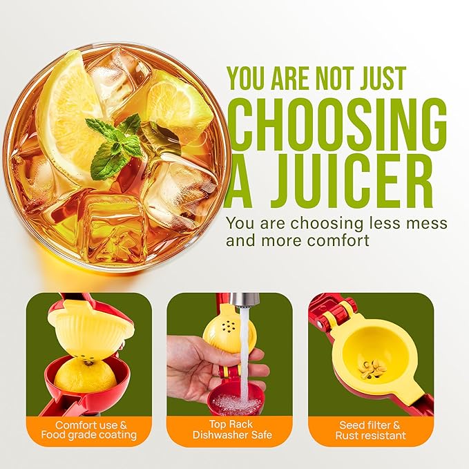 Zulay Kitchen Metal 2-in-1 Lemon Squeezer - Sturdy Max Extraction Hand Juicer Lemon Squeezer Gets Every Last Drop - Easy to Clean Manual Citrus Juicer - Easy-Use Lemon Juicer Squeezer - Red/Yellow